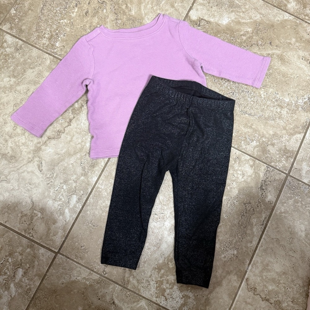 Old Navy Bundle! Black Sparkle pants‎ and light purple waffle knit top. 12-18m